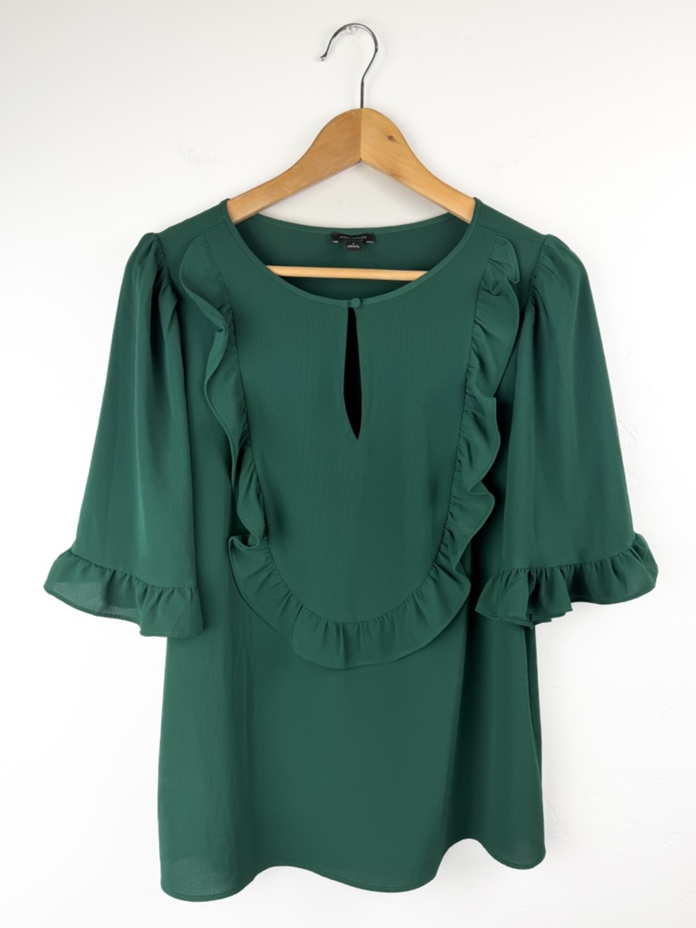 Ann Taylor Green Ruffle Keyhole Bell Sleeve Blouse Size S